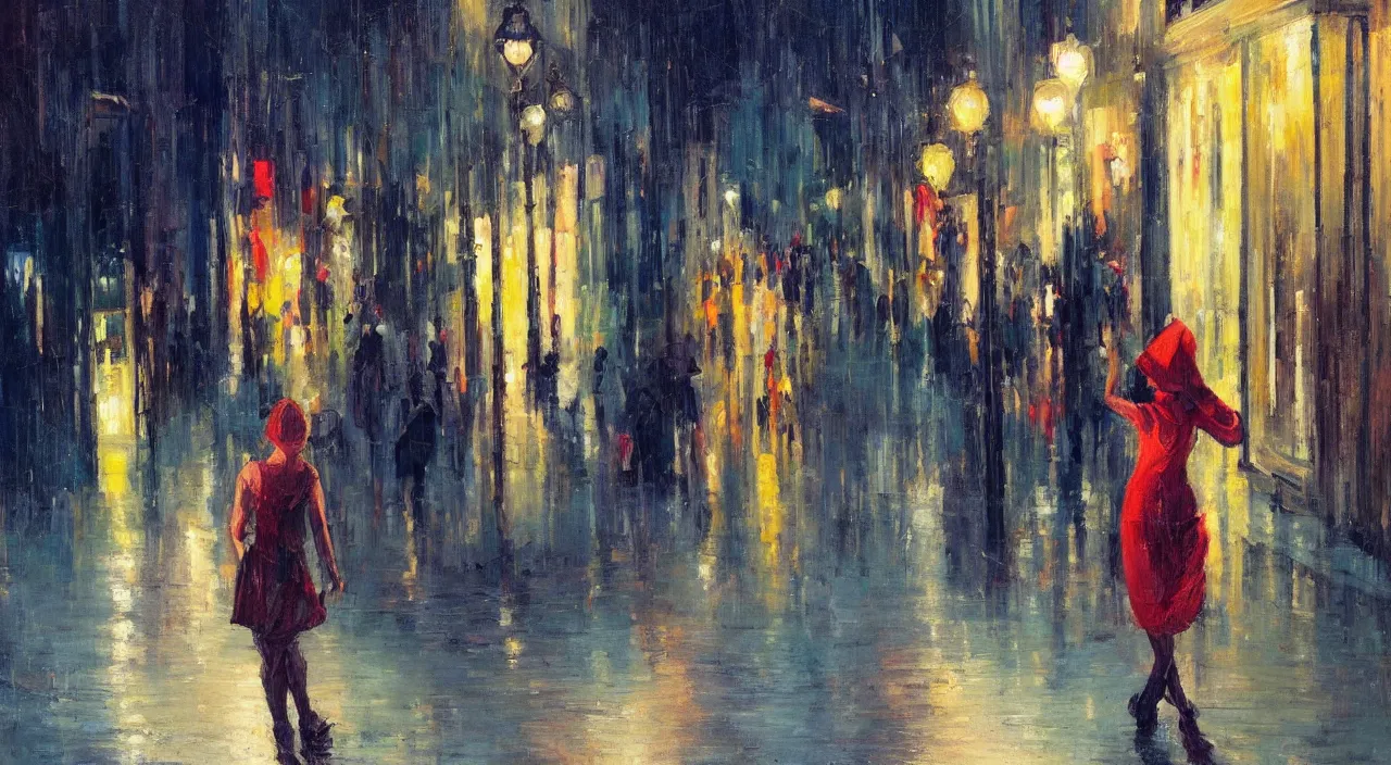 Image similar to evening city scene with young woman with umbrella. beautiful use of light and shadow to create a sense of depth and movement. uses energetic brushwork and a limited color palette, providing a distinctive look and expressive quality in a rhythmic composition