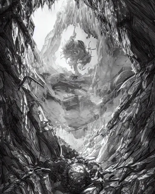 Image similar to An old man trapped in a cave, looking into a mirror, b&w, fantasy art, in the style of masami kurumada, illustration, epic, fantasy, intricate, hyper detailed, artstation, concept art, smooth, sharp focus, ray tracing