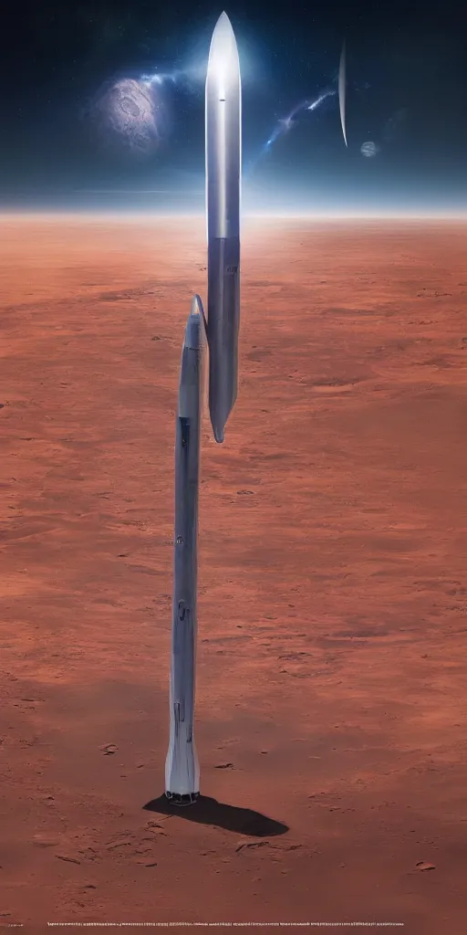 Image similar to A professional futuristic photo of a giant gleaming SpaceX Starship made of steel on the plains of Mars; high-quality, dramatic lighting; extremely high detail; trending on artstation