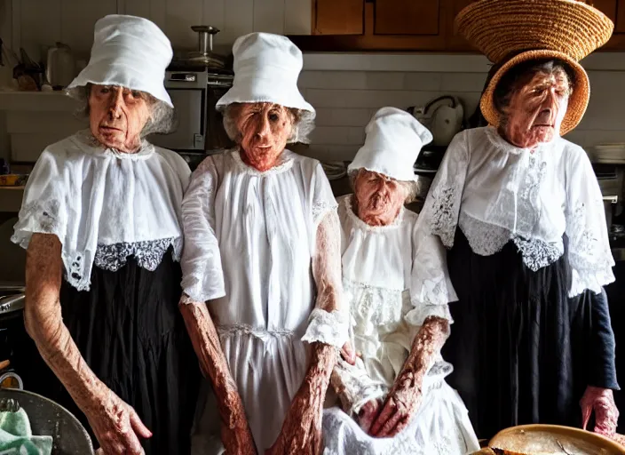 Image similar to close up of three old women from brittany with hats in white lace and dark folk costumes in a kitchen. they look visibly angry