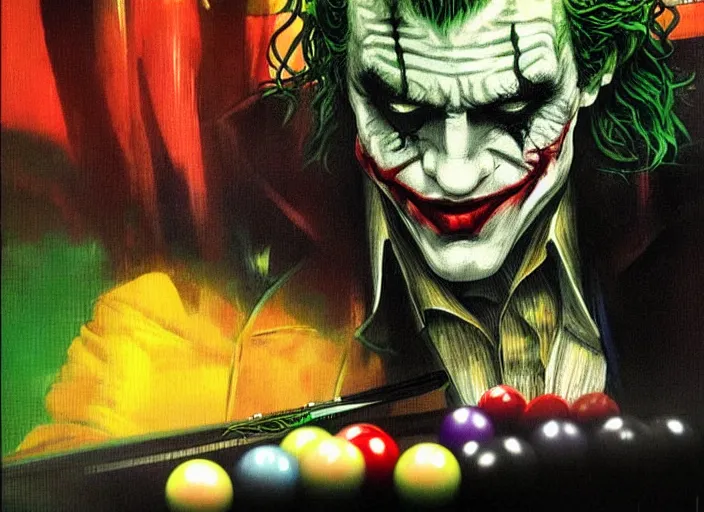 Image similar to a highly detailed beautiful portrait of the joker playing pool by yoji shinkawa