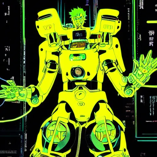 Image similar to the headless fullmetal kerberos robot sirius in electrical wired neon yellow noir outfit, with eyelike neon lights in its torso, colored manga illustration by yoji shinkawa and james jean