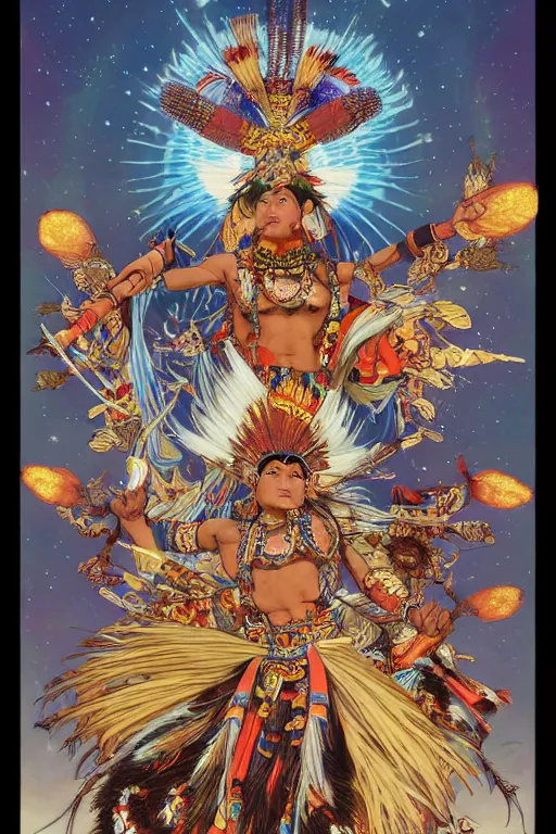 Image similar to serene scene of an apache kachina dancing around a fire while the apache tribe observes, by artgerm and yoshitaka amano and moebius and alphonse mucha, hyperdetailed, dc comics, ornate, nebula, explosions in the sky, trending on artstation