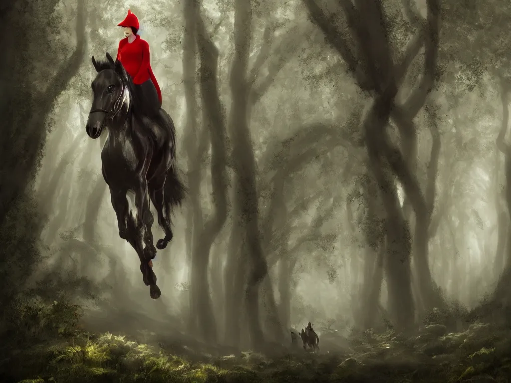 Image similar to a female beauty wearing a red cap rides through a dense green oak and beech forrest on a strong black horse, rays of life, cinematic, fantasy art, moody evening light, foggy, trending on artstation, by naoto hatori, by tyler jacobson