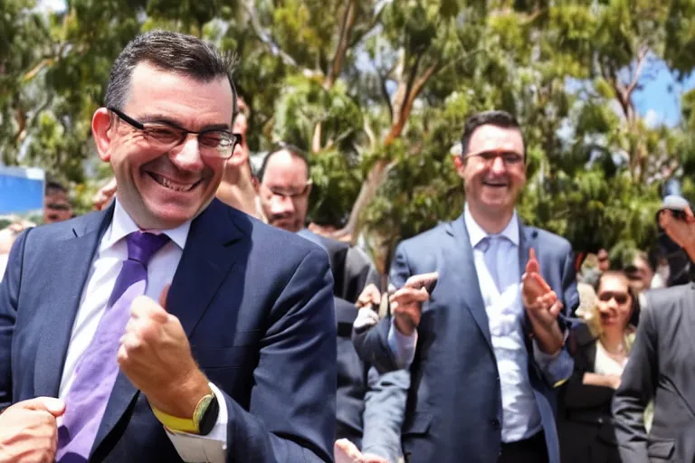 Prompt: Premier Daniel Andrews smiles as Melbourne city burns to the ground