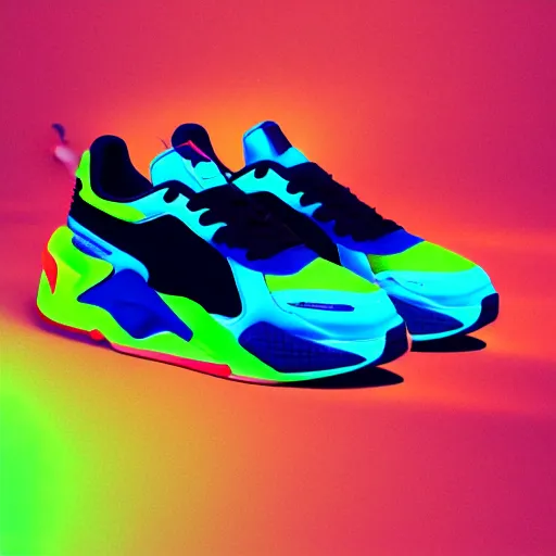 Prompt: puma rs - x sneakers, james jean style, vfx art, unreal engine render, claymation style, colourful, volumetric light, digital painting, digital illustration, dramatic light,