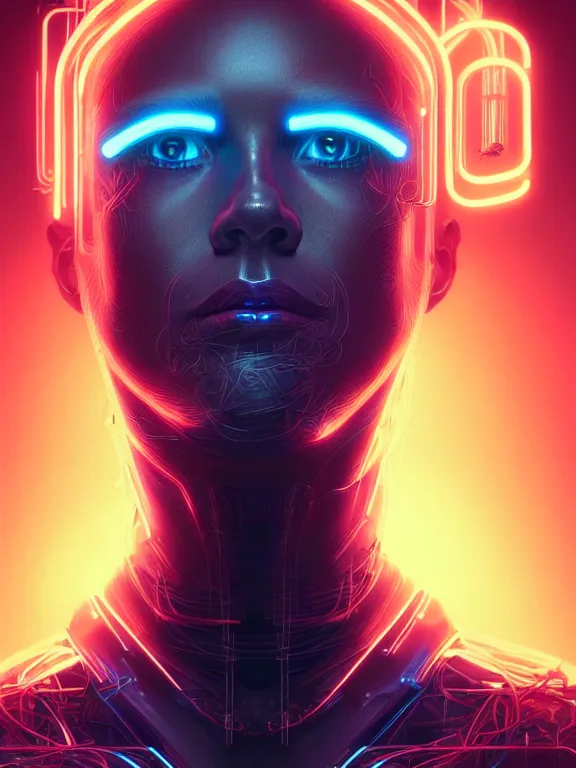 Image similar to portrait of male humanoid, intricate, masculine, cyber neon lights, highly detailed, digital photography, artstation, stylish pose, concept art, smooth, sharp focus, illustration, art by artgerm and greg rutkowski