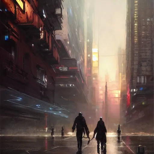 Image similar to empty sidewalk of a cyberpunk megacity, dramatic lighting, detailed background, gorgeous view, realistic, high detail, depth of field, lightrays, atmospheric, digital art, painted by greg rutkowski, painted by jeremy mann, painted by alphonse mucha, trending on artstation