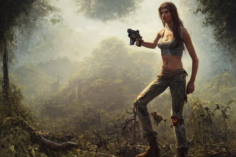 Image similar to artstation concept of a beautiful adventurous girl holding a machine pistol, sweaty skin, symmetrical face, high body detail, ripped up field fatigues, torn off shirt, jungle background with ruins, vines, hyperdetailed, artstation trending, world renowned artists, worth1000.com, cgsociety, by greg rutkowski, by Gustave Doré, by Marco Turini, by Artgerm, Deviantart in the style of Tom Bagshaw, Cedric Peyravernay, Peter Mohrbacher