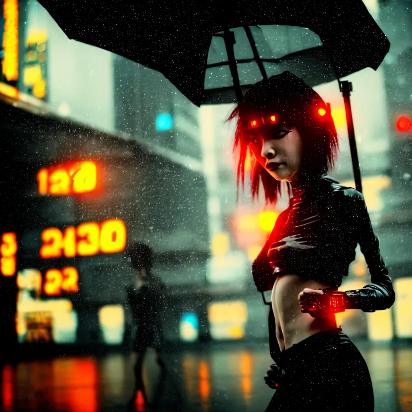 Prompt: a photo close up cyberpunk woman dancing in the rain, cyberpunk hiroshima, prefecture streets, sunset, photorealistic, cinematic lighting, highly detailed, bokeh, style by tomino - sama