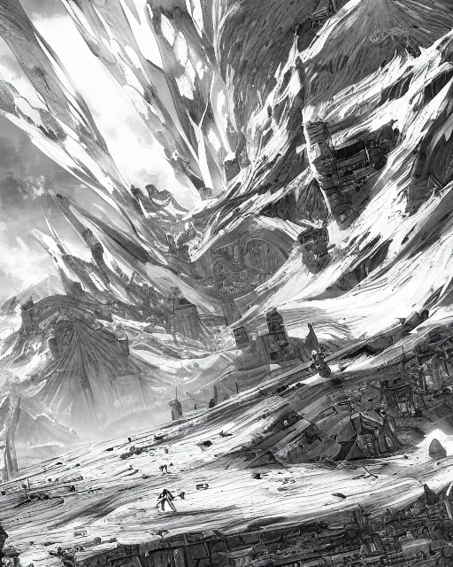 Image similar to the ivory fields, city of desert, buildings, black and white, environment art, fantasy art, landscape art, in the style of masami kurumada, illustration, epic, fantasy, intricate, hyper detailed, artstation, concept art, smooth, sharp focus, ray tracing