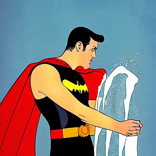 Prompt: adam west as bruce wayne having a refreshing cold shower, in the style of the famous tv show, batman, 1 9 6 0 s, camp, funny, colourful