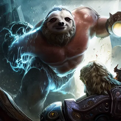 Image similar to portrait of sloth! as zeus the god of thunder, league of legends amazing splashscreen artwork, gears of war, splash art, natural light, elegant, photorealistic facial features, intricate, fantasy, detailed face, atmospheric lighting, anamorphic lens flare, cinematic lighting, league of legends splash art, hd wallpaper, ultra high details by greg rutkowski