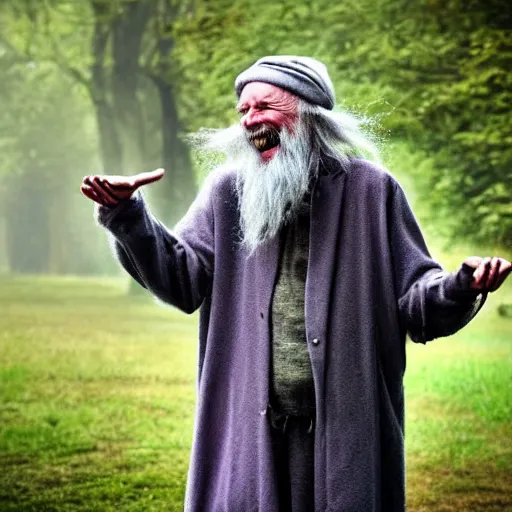 Prompt: a crazy old druid wizard, bald, bushy grey eyebrows, long grey hair, disheveled, wise old man, wearing a grey wizard hat, wearing a purple detailed coat, a bushy grey beard, sorcerer, he is a mad old man, laughing and yelling