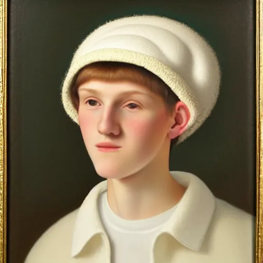 Prompt: tall white 1 6 years old teenager wearing a hat. the hat is made out of white wool and covers his entire head except for his face. the hat has two little bumps on the top at both sides that resemble bear ears. ¾ face angle portrait, royal portrait painting, oil painting, highly detailed, realistic face, self - satisfied smirk