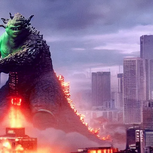 Prompt: movie still of godzilla yoda yoda destroying tokyo in the new movie, giant yoda