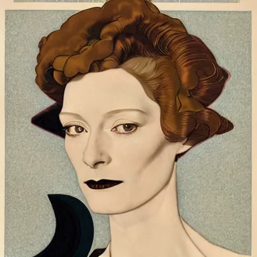 Prompt: a portrait by coles phillips of the stunningly beautiful actree, tilda swinton, mucha, kandinsky, art deco, decadence,