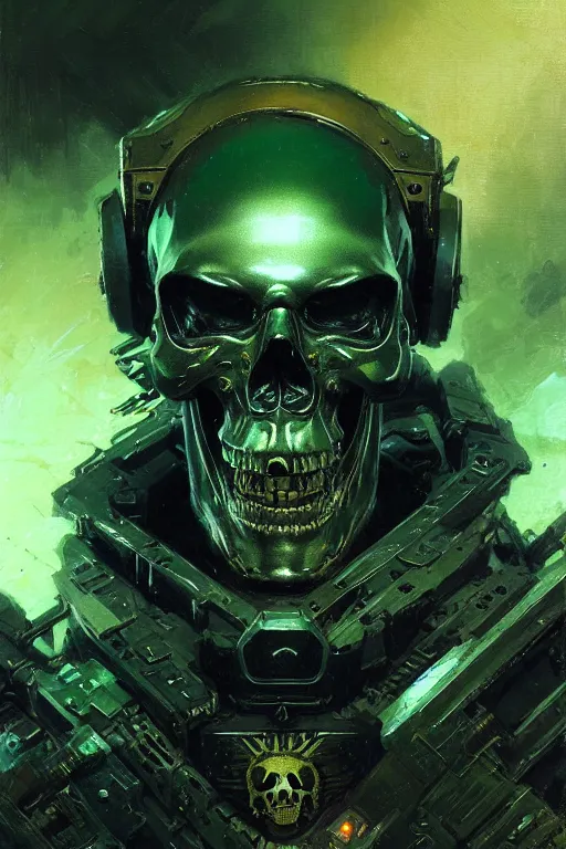 Prompt: extreme close up cyber skull military unit logo green background extreme detail portrait dnd, painting by gaston bussiere, craig mullins, greg rutkowski, yoji shinkawa