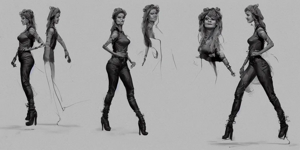 Image similar to brigitte bardot walking cycle, character sheet, fine details, concept design, contrast, brigitte bardot, kim jung gi, greg rutkowski, trending on artstation, 8 k, full body, turnaround, front view, back view, ultra wide angle