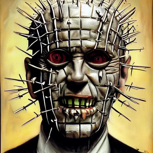 Image similar to painting of Joe Biden as a cenobite, Hellraiser concept art by H.R. Giger, Joel-Peter Witkin, Stephen Gammell, and Beszinski