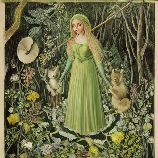 Prompt: In the body art Vasilisa can be seen standing in the forest, surrounded by animals. She is holding a basket of flowers in one hand and a spindle in the other. Her face is turned towards the viewer, with a gentle expression. In the background, the forest is depicted as a dark and mysterious place. botanical illustration, pastel green by Genndy Tartakovsky, by Charles Angrand peaceful