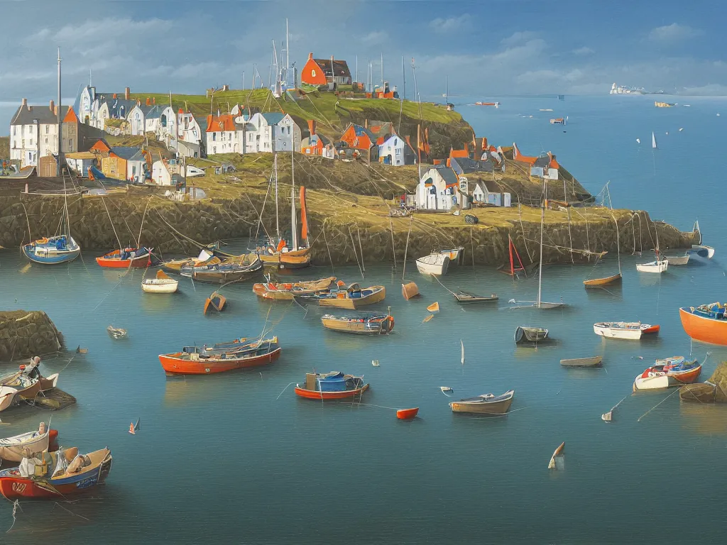 Image similar to a detailed gouache painting illustration of a typical English coastal fishing harbor, by Michiel Schrijver, ultra-hd, sharp focus, isometric