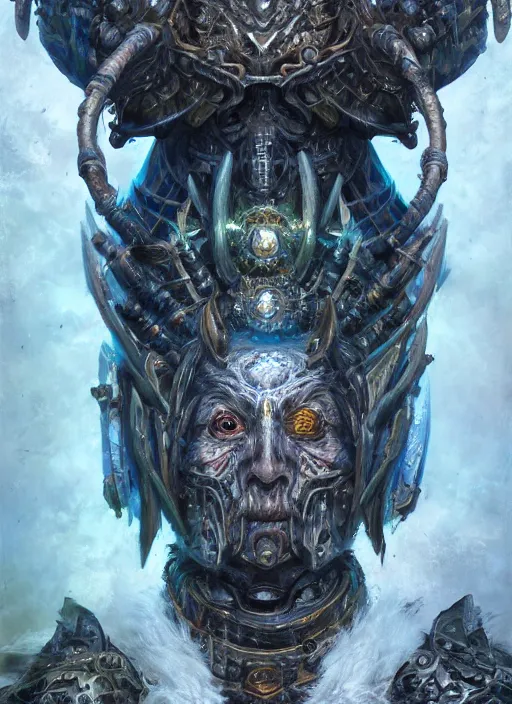 Image similar to masterpiece portrait of a deathlord shaman with cosmic armor, au naturel, hyper detailed, digital art, trending in artstation, cinematic lighting, studio quality, smooth render, unreal engine 5 rendered, octane rendered, art style by klimt and nixeu and ian sprigger and wlop and krenz cushart and kim jung gi and greg rutkowski