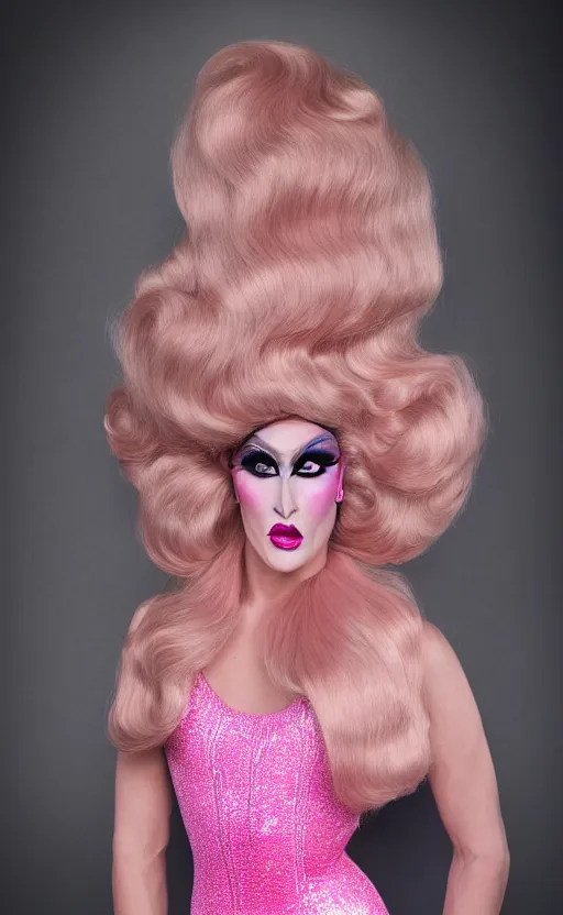 Image similar to 4k art deco portrait of a drag queen with an expression of shock and surprise wearing: heavy drag makeup, pink glitter bodysuit, huge blonde wig with bouffant hairdo, a pink oversized bow on top of wig