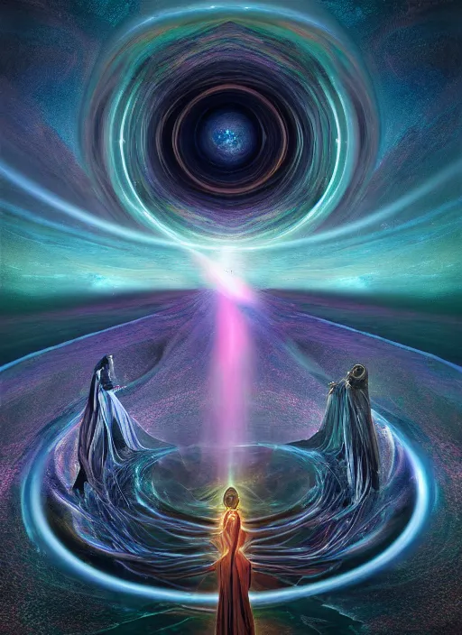 Image similar to the expansion of self realization, portrait, while tipping hallucinogenic dmt, space and time bending into a vortex of subjective reality, event horizon from within, ron walotsky, michal karcz