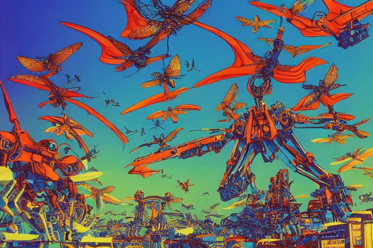 Prompt: gigantic mecha arzach birds with dragonflies, tiny rats, a lot of exotic animals around, big human faces everywhere, helicopters and tremendous birds, risograph drawing by satoshi kon and moebius, matte summer blue colors, surreal psychedelic design, 4 k