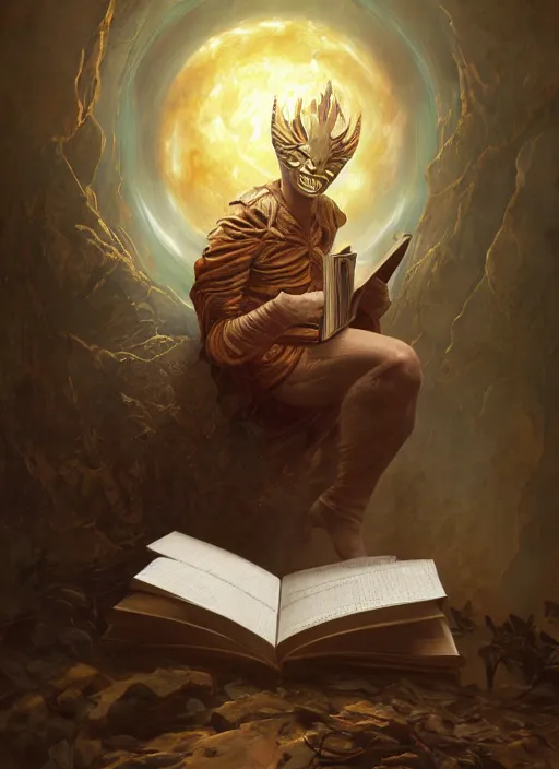 Image similar to Magic Floating Thespian Mask reading a book, no body, bodyless, floating mask, Ivan Aivakovsky, Boris Vallejo, epic fantasy character art, D&D Concept Art, full length, Realistic, Regal, Refined, Detailed Digital Art, Oil Paining, Exquisite detail, post-processing, masterpiece, Cinematic Lighting, Unreal Engine, 8k, HD, Stanley Artgerm Lau, WLOP, Rossdraws, Frank Frazetta, Andrei Riabovitchev, Marc Simonetti, trending on artstation flawless