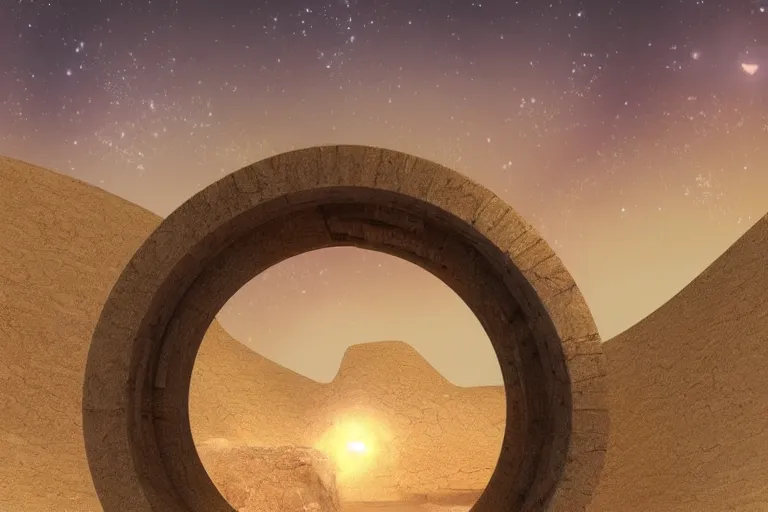 Prompt: a stargate in the ruins on mars leads to another dimension, portal, gate, dimension, arstation, digital art