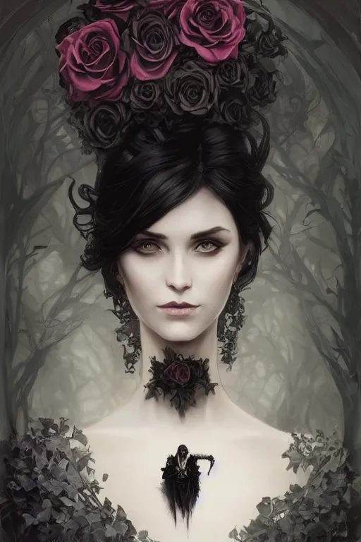 Image similar to beautiful gothic female with black roses surrounding her, Black Hair, intricate, elegant, highly detailed, digital painting, artstation, concept art, smooth, sharp, focus, illustration, art by artgerm and greg rutkowski and alphonse mucha