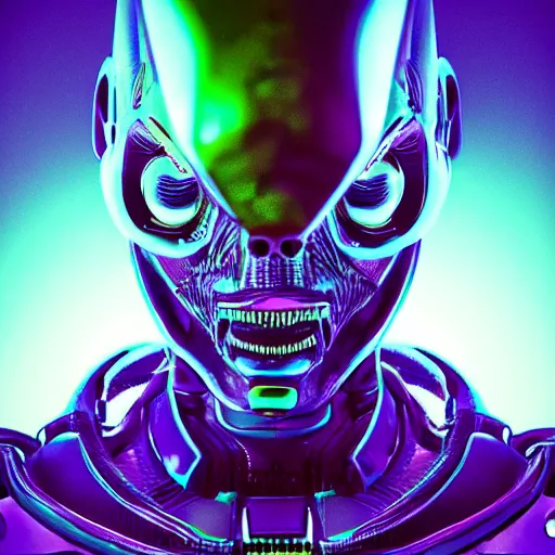 Image similar to synthwave alien face with neon tattos, detailed face, sharp focus, synthwave art, aesthetic, octane render, raw, cinematic