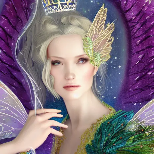 Prompt: detailed portrait of a fairy queen with wings wearing a magic silk and lace robe with a hood, crown, pixie, iris, realism, emerald, galaxy, sapphire,blonde hair going down to the floor, moonlit, dark fantasy, dramatic lighting, cgsociety, artstation