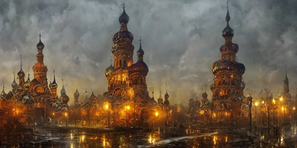 Prompt: beautiful magical ancient Slavic city of Kitezh in mist, magic lights, magic mist, strange buildings, oil painting, painting by Viktor Vasnetsov, concept art, fantasy cityscape, ancient Russian architecture, painting by Ivan Shishkin, hyperborea, high resolution, trending on artstation,