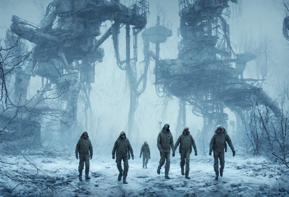 Image similar to chernobyl liquidators walking in postapocalyptic winter alien planet surface, 4 k, high quality, sharp focus, ultra high definition, ultra detailed, symmetry, fog, matte painting, by greg rutkowski and ross tran and wlop