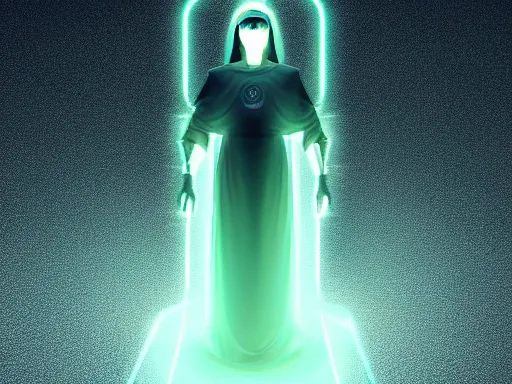 Image similar to a gray faceless figure, ascended, robot wizard, NPC with a saint\'s halo, saintly halo behind their head made of neon filigree, consulting the cyber oracle of all knowledge, at the end of time, in an esoteric ritual exchange of physical code, 8k, 4k, unreal 5, DAZ, trending on artstation, octane render, abstract painting, bright blue future