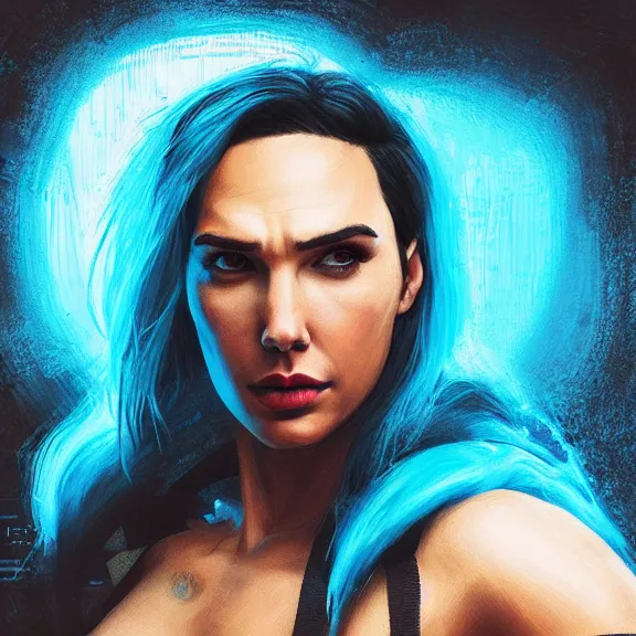 Image similar to “hiperrealist close up portrait of cyberpunk Gal Gadot with blue hair, digital art, concept art, neon colors, studio lightning, high contrast, sharp focus, ultra high detail, photorealist, Artstation HQ, DeviantArt, cybernetics, techwear, urban samurai, netrunner, Shadowrun, Cyberpunk 2077, Deus Ex, 8k UHD, Unreal Engine 5”