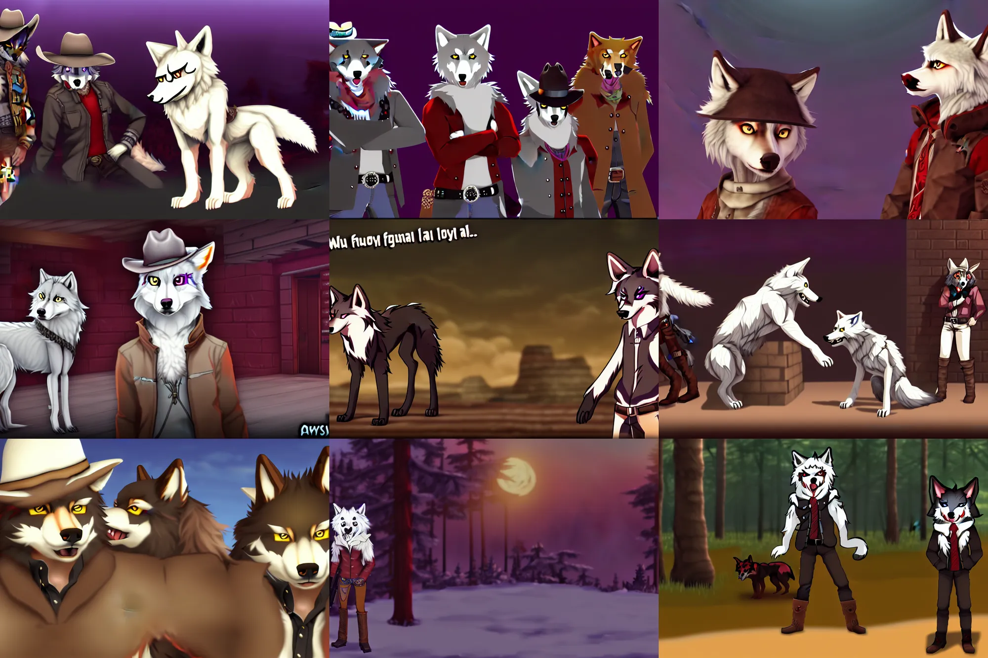 Prompt: furry - wolf - cowboy - fursona uhd visual novel pc game screenshot : awoo