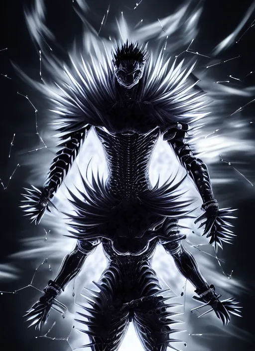 Image similar to a detailed manga full body portrait illustration of a dark spiky haired cyborg anime man surrounded by dark steam by hirohiko araki, detailed artwork, realism, 4 k resolution, detailed, high quality, sharp focus, hq artwork, insane detail, volumetric lighting, character concept art, fine details, clear subject, central subject