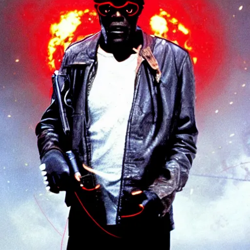 Image similar to Samuel L. Jackson plays Terminator, scary, red eye glowing, skeleton, scene from the film