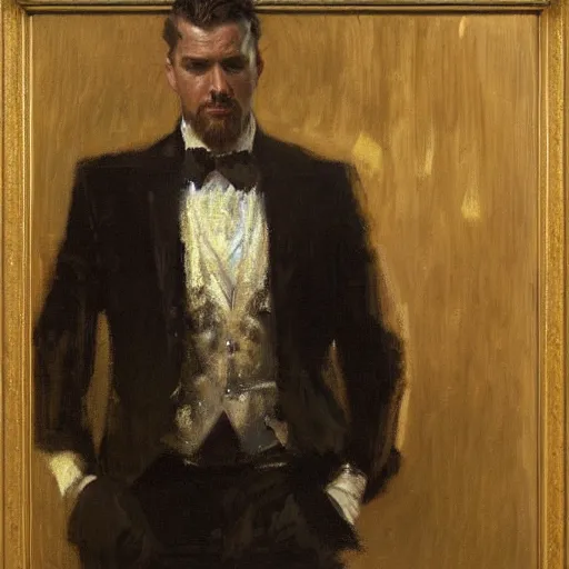 Image similar to detailed portrait of man in black suit, spring light, painting by gaston bussiere, craig mullins, j. c. leyendecker