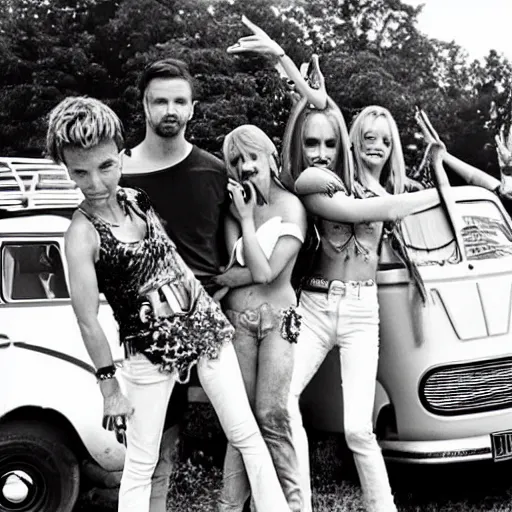 Prompt: backstreet boys and spice girls playing concert together, woodstock 1 9 6 0, old times, hippies, vintage, botanical details, vans, volkswagen