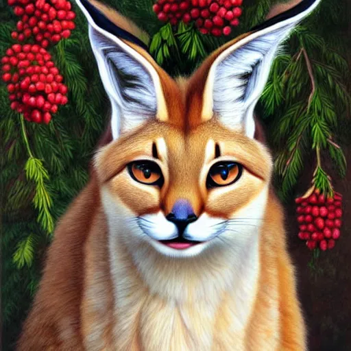 Prompt: fullbody portrait of cute fluffy caracal with laurel wreath on his head, chaplet on head, illustration, high detail, francine van hove