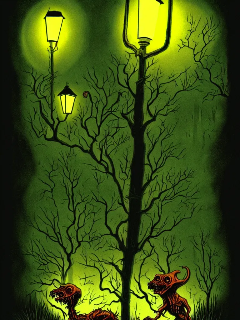 Prompt: Full Color Vintage Horror Illustration of a Creature Coming out of the bushes at night. Streetlight Glowing , Spooky lighting , Pinterest
