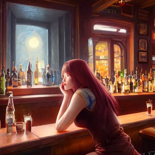 Image similar to highly detailed painting of a beautiful female drunk in a bar, stephen bliss, 8 k, unreal engine, by greg rutkowski, loish, rhads, artgerm, ferdinand knab, makoto shinkai and lois van baarle, ilya kuvshinov, rossdraws, tom bagshaw, global illumination, radiant light, detailed and intricate environment