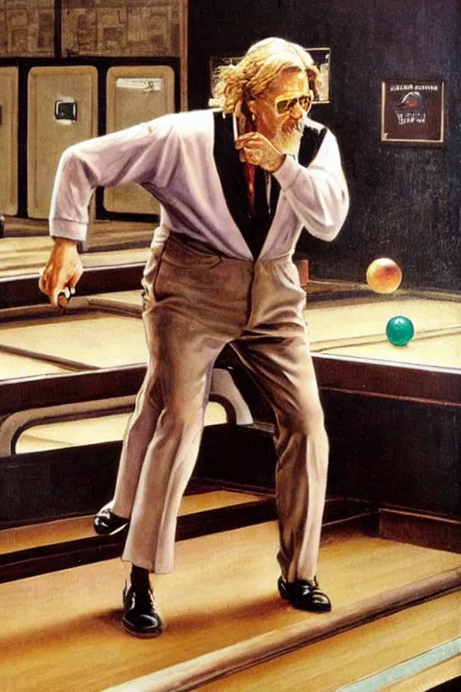 Image similar to The Dude from the movie The big Lebowski playing bowling painted by Norman Rockwell