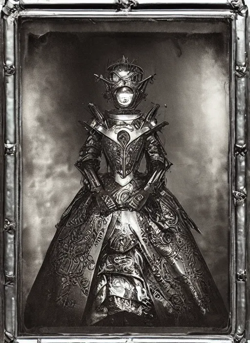 Image similar to old wetplate daguerreotype frame portrait of a futuristic silver armored pretty queen elisabeth emperor district 9 cyborg, fractal, intricate, elegant, highly detailed, subsurface scattering, by jheronimus bosch and greg rutkowski and louis jacques mande daguerre