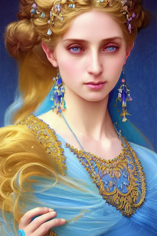 Image similar to portrait of an arabian princess, fantasy, gradient yellow cyan blue, dreamy and ethereal, blue eyes, golden ratio, peaceful expression, ornate frilly dress, fantasy, intricate, elegant, rainbow bubbles, highly detailed, digital painting, artstation, concept art, smooth, b sharp focus, illustration, art by artgerm and greg rutkowski and alphonse mucha